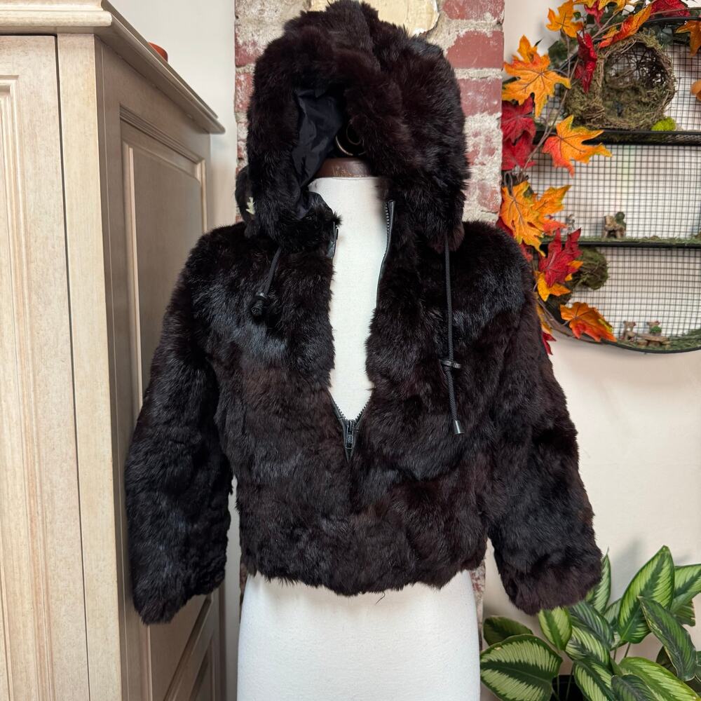 Vintage Y2K Genuine Rabbit Fur Coat Zip Up Hooded